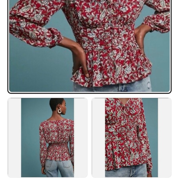 Anthropologie Feather Bone Latrobe Floral Lace Up Smocked Peplum Blouse size 4 - Picture 4 of 4